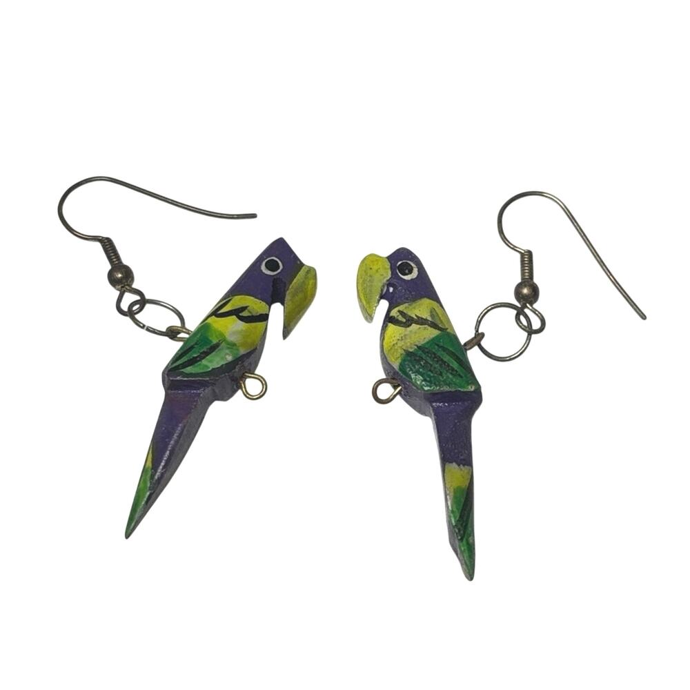 Hand Carved Wooden Parrot Earrings Tropical Bird Dangle Folk Art Jewelry